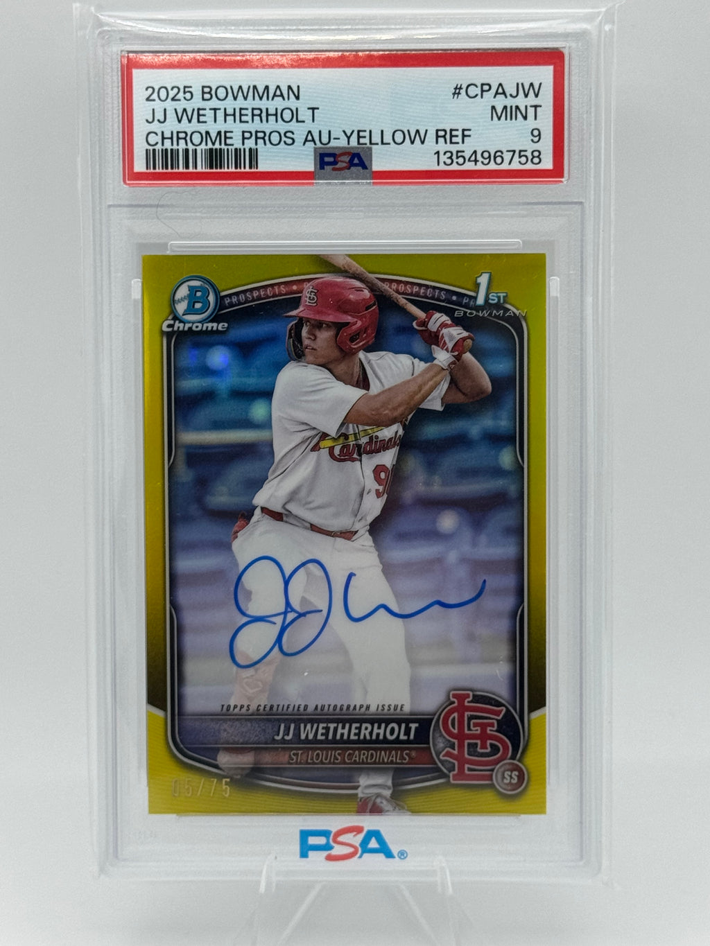 2025 JJ WETHERHOLT 1st Bowman Yellow Ref /75 Chrome Prospect AUTO PSA 9 🔥