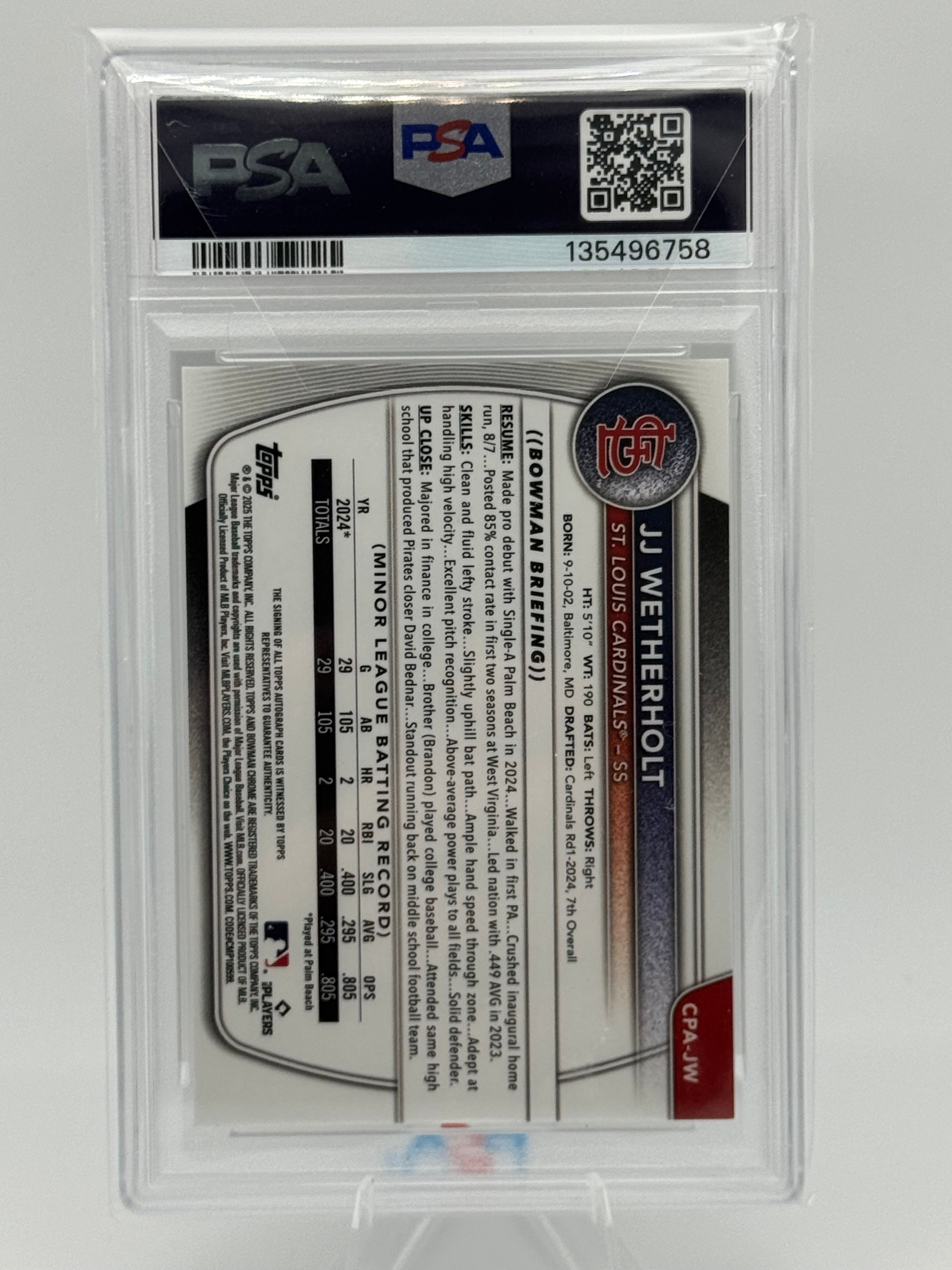 2025 JJ WETHERHOLT 1st Bowman Yellow Ref /75 Chrome Prospect AUTO PSA 9 🔥