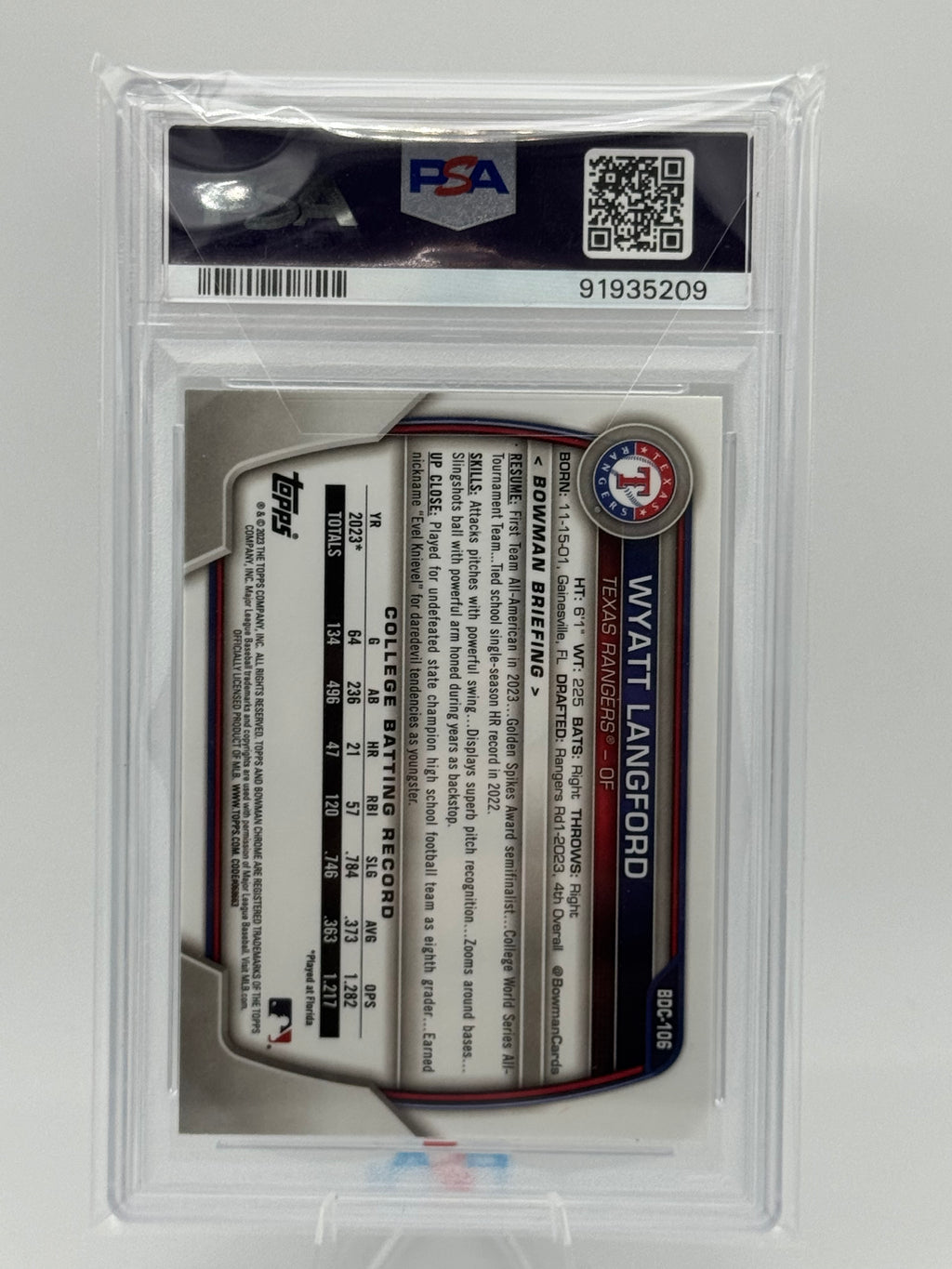 2023 Bowman Chrome 1st WYATT LANGFORD Yellow Sapphire /75 PSA 10 Rookie Card