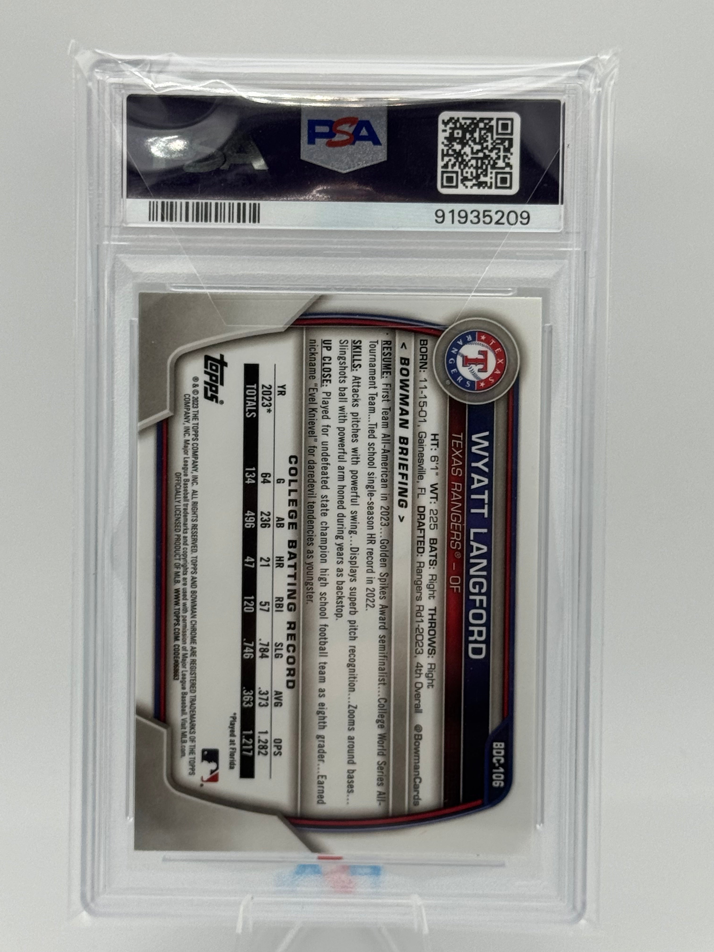 2023 Bowman Chrome 1st WYATT LANGFORD Yellow Sapphire /75 PSA 10 Rookie Card