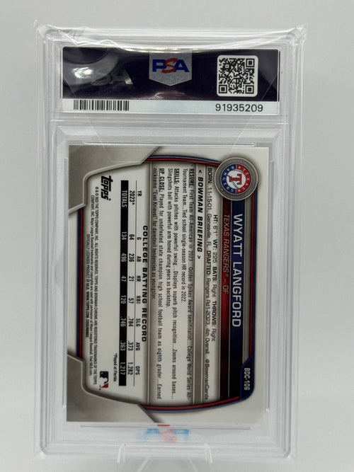 2023 Bowman Chrome 1st WYATT LANGFORD Yellow Sapphire /75 PSA 10 Rookie Card
