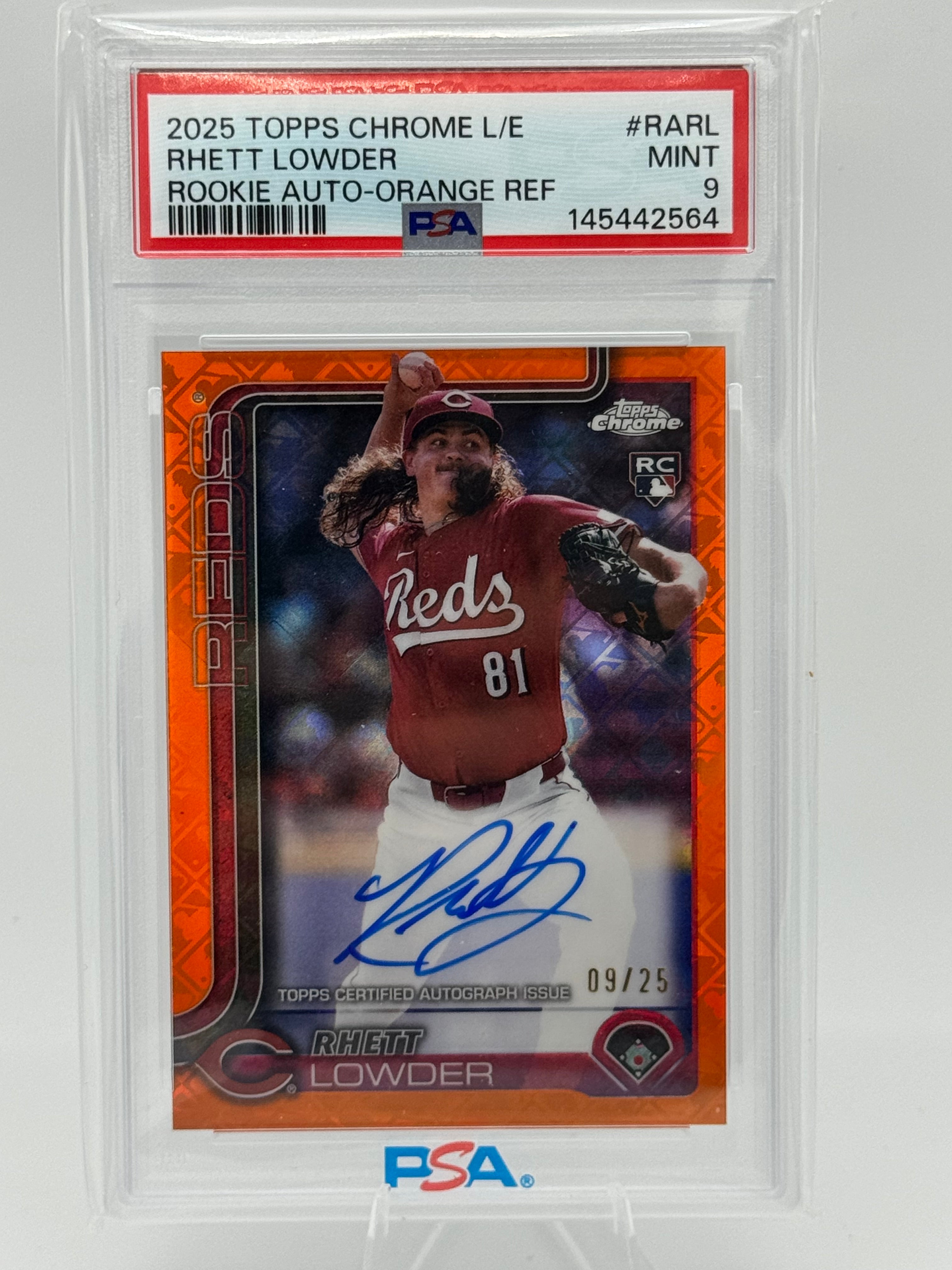 2025 Topps Chrome Logofractor Rhett Lowder RC Orange Auto /25 PSA 9