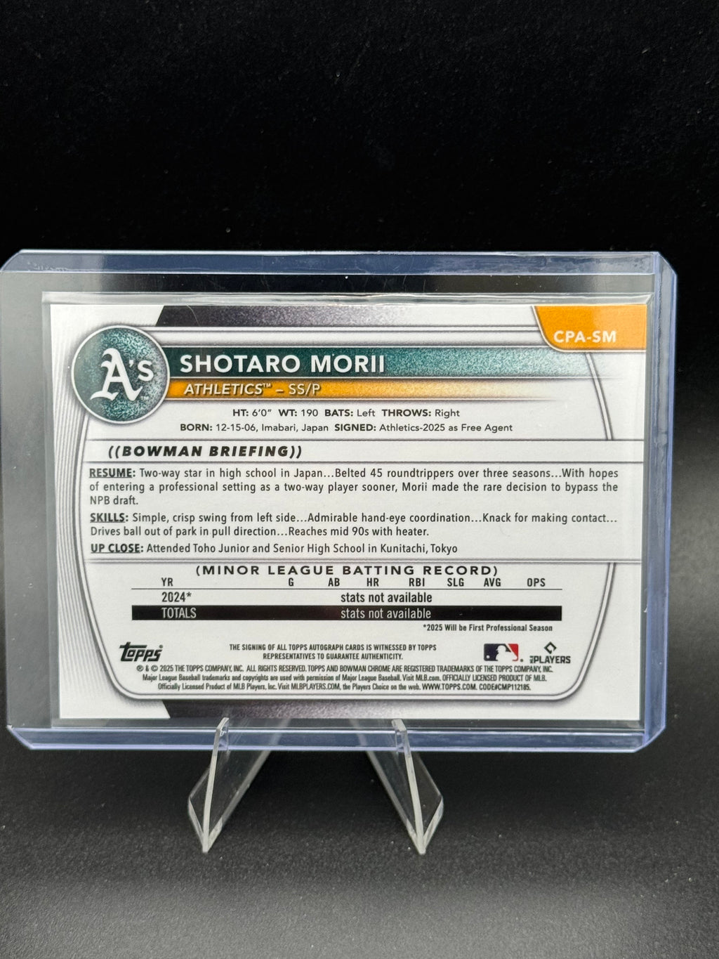 2025 Bowman Chrome Shotaro Morii Bowman 1st True Purple /250 Auto