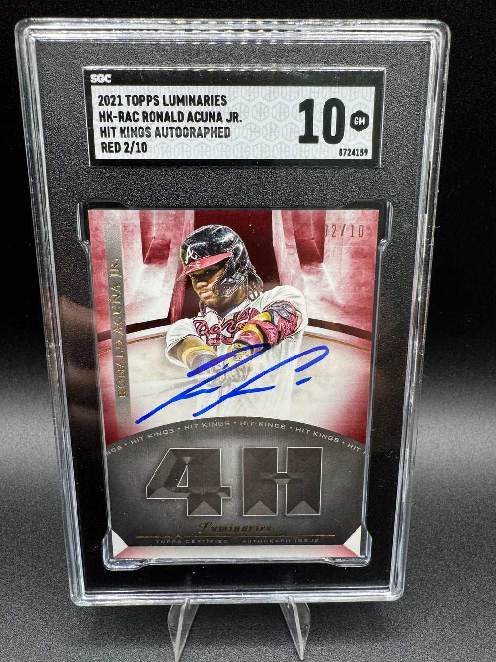 2021 Topps Luminaries Hit King Ronald Acuna Jr. Autographed Red 2 of 10 Graded 10 Gem Mint